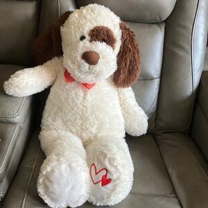 Large (3ft) stuffed Dog Pillow Soft White and Brown with Red Bow‎ and Hearts